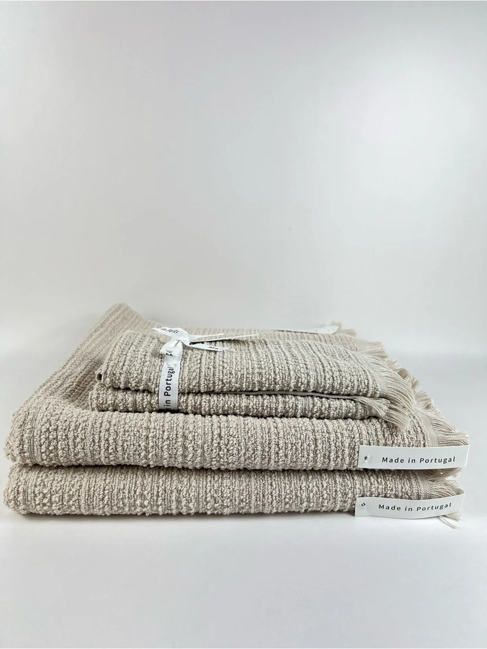 Bianca Bath Towel Set Tan with Fringe Textured Cotton Made in Portugal 4 Pc NEW